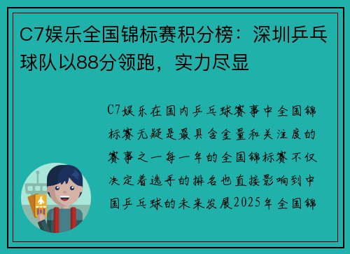 C7娱乐全国锦标赛积分榜：深圳乒乓球队以88分领跑，实力尽显